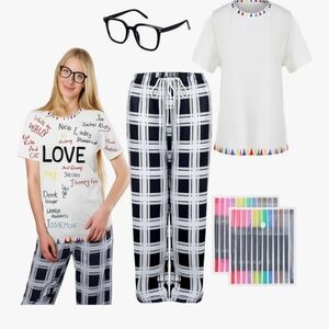 NWT 4 Pcs Halloween Pop Singer Costume Set Shirt Pajama Pants Glasses Markers